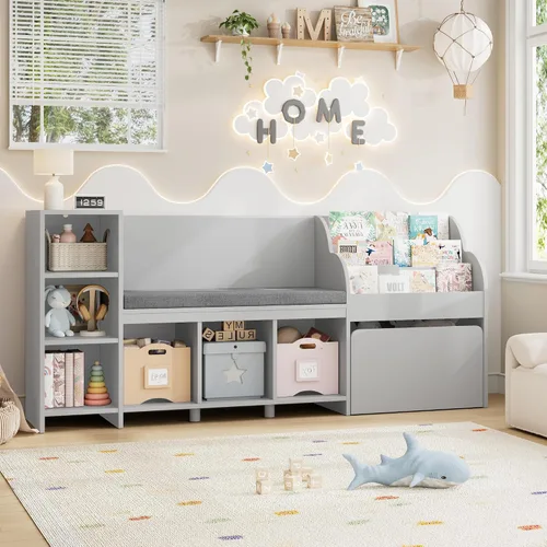 Miniatura 3 de HOSTACK Rincón de lectura para niños de 67 pulgadas de ancho con organizador de almacenamiento de juguetes, estantería grande para niños con caja