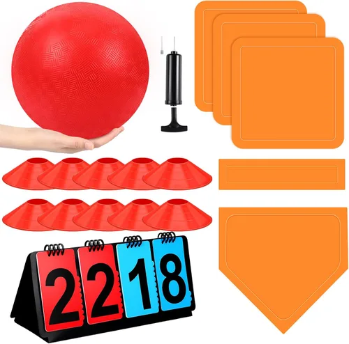 Miniatura 9 de Jenaai Juego de Kickball Deportivo de 18 Piezas Incluye Pelota de Patio de Juegos 5 Bases de Goma Plegables Bomba de Pelota Marcador Bolsa de Red 10
