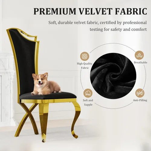 Miniatura 7 de BQueen Sillas de comedor negras y doradas, Sillas de comedor de lujo, Sillas de comedor Velevt con respaldo alto, Patas de acero inoxidable de oro