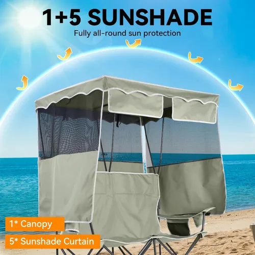 Miniatura 4 de Huskfirm Silla de Camping Doble con Toldo de Sombra Silla para 2 Personas Plegable con Toldo Silla de Playa Portátil Silla de Camping Resistente