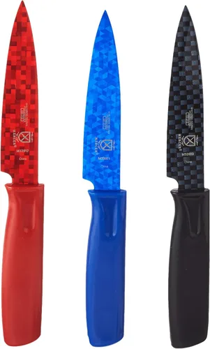 Miniatura 4 de Mercer Culinary Cuchillos de pelar antiadherentes con fundas ABS, 4 pulgadas, rojo/azul/negro, paquete de 3