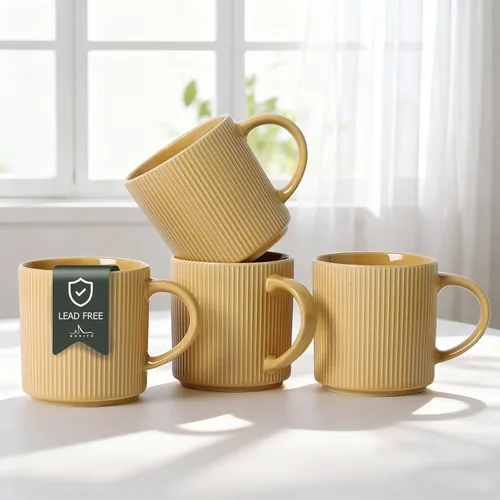 Miniatura 15 de MONITO Juego de 6 Tazas de Café de 16 Oz, Juego de Tazas de Café de Cerámica Rústica con Mango Grande, Vintage, Tazas de Café de Gres Rayadas