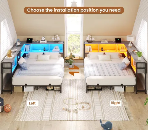 Miniatura 7 de Hasuit - Base de cama esquinera de tamaño matrimonial con cajones de almacenamiento y cabecera con estantería, plataforma de metal, estación