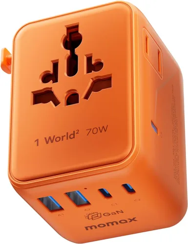 MOMAX Mini adaptador de viaje universal 7 en 1, GaN 70W Dual AC, 3 USB-C PD y 2 USB-A QC, cargador de alimentación internacional para más de 200