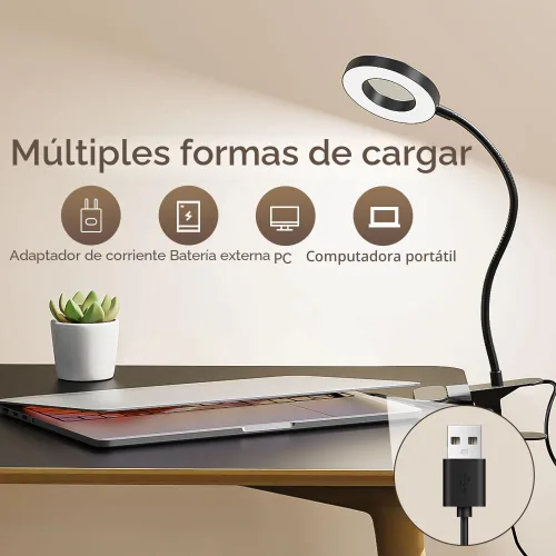 Miniatura 6 de Lámpara LED de escritorio con clip con 3 modos de color, 10 anillos de brillo/luz de abrazadera, cuello ajustable de 360°, regulable, protección