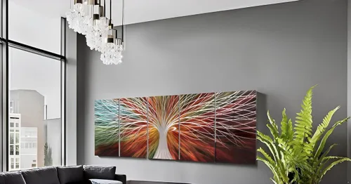 Miniatura 6 de Yihui Arts Arte abstracto de metal para pared, árbol de la vida, hecho a mano, 5 piezas, paneles grandes, grandes, únicos, de aluminio 3D, moderno