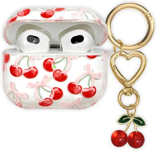 Miniatura 11 de Funda compatible con AirPods 3 2021, TPU suave con bonito patrón de flores para AirPods de 3ª generación con llavero de flores y mosquetón para Negro