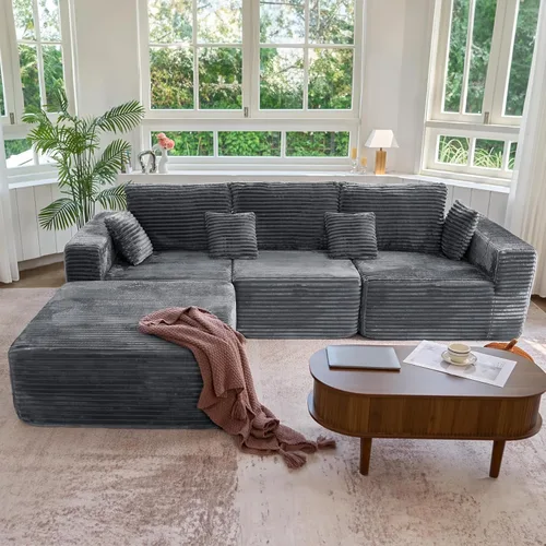 Miniatura 18 de Sofá cama seccional modular de 113", sofás de nube convertibles para sala de estar con otomana, juego de sofá cama de pana sin estructura de 6 Gris