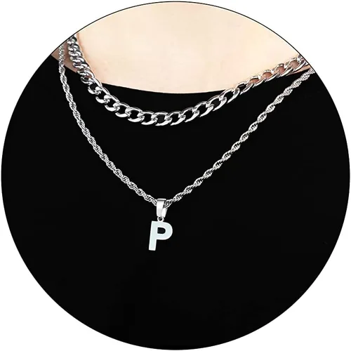 Miniatura 64 de SENRAN Collar con inicial en capas de la A a la Z para hombre, cadena de cuerda torcida de acero inoxidable de 18 a 20 pulgadas, dije de letra