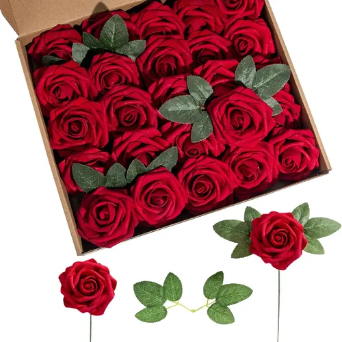 Miniatura 21 de Rosa artificial de espuma de 25 piezas de rosas falsas de aspecto real con tallos y hojas para decoración del hogar, fiestas, jardín, centros