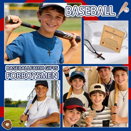 Miniatura 4 de Regalos de Pascua para niños y adolescentes, collares de cruz de béisbol para niños y hombres, de acero inoxidable que no destiñe, collar