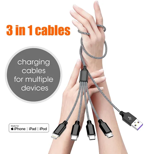 Miniatura 2 de Doub Tyep-C 4 en 1 cable de carga múltiple de 4 pies, cable de carga de nailon trenzado Lightning para iPhone, cable de carga universal con tipo C
