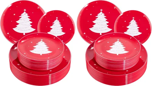 Miniatura 18 de Platos de plástico de Navidad WDF 50 piezas - Platos de plástico rojos y blancos con árbol de Navidad incluyen 25 platos para cena, 25 platos
