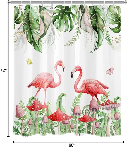 Miniatura 8 de Juego de cortinas de ducha de flamenco rosa, hoja verde salvia con hongo rojo, cortina de ducha para baño, cortina de ducha tropical de hoja