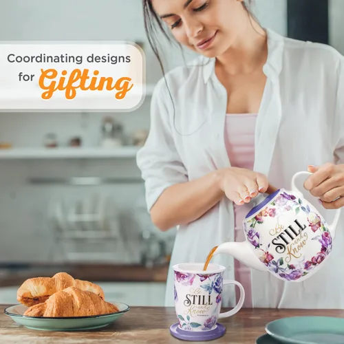 Miniatura 6 de Taza de café de cerámica floral de rosa de Christian Art Gifts con tapa púrpura – 13 oz. Taza de café y té inspiradora sin plomo ni cadmio