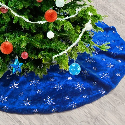 Miniatura 7 de Faldones de Felpa para Árbol de Navidad, 24 pulgadas, Lujosa Cubierta de Base de Árbol de Navidad de Piel Sintética Negra con Copos de Nieve Dorados