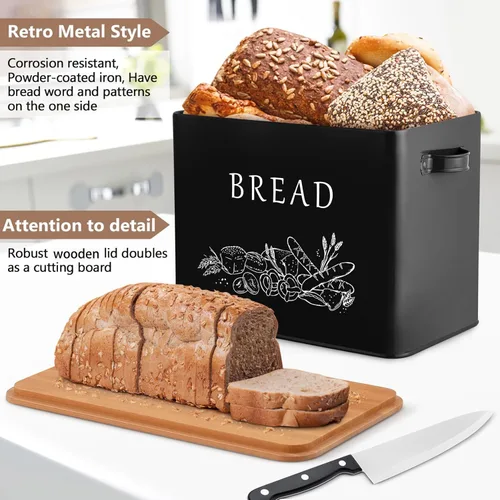 Miniatura 3 de P&P CHEF Panera para encimera de cocina, contenedor de almacenamiento de pan de metal con tapa de corte de madera, gran capacidad para sostener más