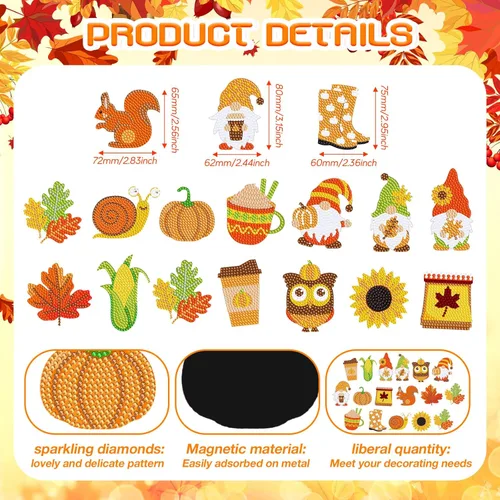 Miniatura 4 de Umigy 16 imanes de arte de diamantes de otoño para refrigerador, hojas de calabaza, girasol, Acción de Gracias, pintura de diamantes, kits de gemas