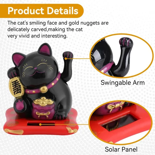 Miniatura 4 de Agatige Gato de la suerte alimentado por energía solar, brazo agitador chino de la suerte, adorno de gato de la suerte Feng Shui, decoración de gato