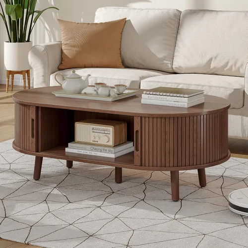 Miniatura 10 de Alohappy Mesa auxiliar ovalada de 42.5 pulgadas de ancho, mesa de centro moderna de mediados de siglo con puerta corrediza de tambor, mesa central