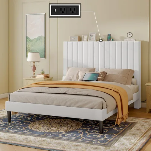 Miniatura 6 de LUXOAK Base de cama tamaño Queen tapizada en terciopelo con estación de carga, soporte de listones de madera, base de colchón, somier opcional