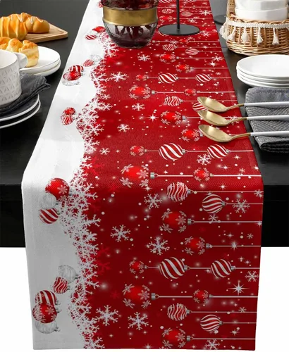 Miniatura 21 de Juego de 6 manteles individuales de mesa de Navidad, manteles individuales de algodón y lino antideslizantes lavables, bolas de Navidad, copos