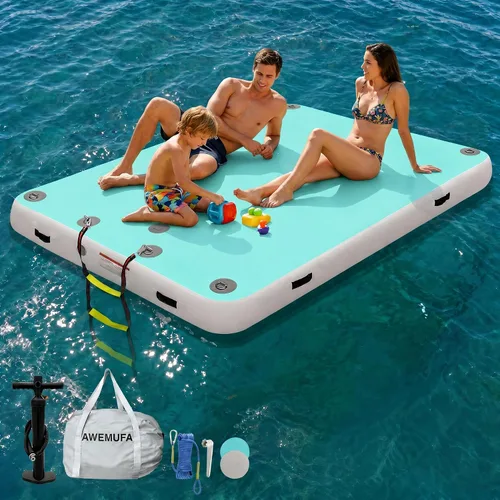 Miniatura 14 de AWEMUFA Muelle flotante inflable con rampa de 5 pies/6 pies/8 pies/10 pies, plataforma flotante flotante, tapete flotante de isla flotante, flotador
