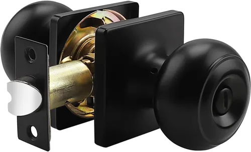 Probrico Pomo de puerta de baño negro con bola plana, perilla de puerta de privacidad, cerradura interior de baño con roseta cuadrada, 1 paquete