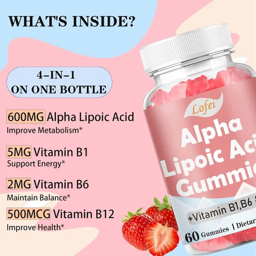 Miniatura 3 de Lofei Gomitas de ácido alfa lipoico de 600 mg con vitamina B1, B6 y B12, sin azúcar, suplemento ALA para energía* y vi*talidad, alta absorción, sin
