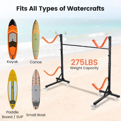 Miniatura 4 de Estante de almacenamiento independiente para kayak, estantes ajustables para kayak al aire libre con 4 ruedas bloqueables, soportes de kayak