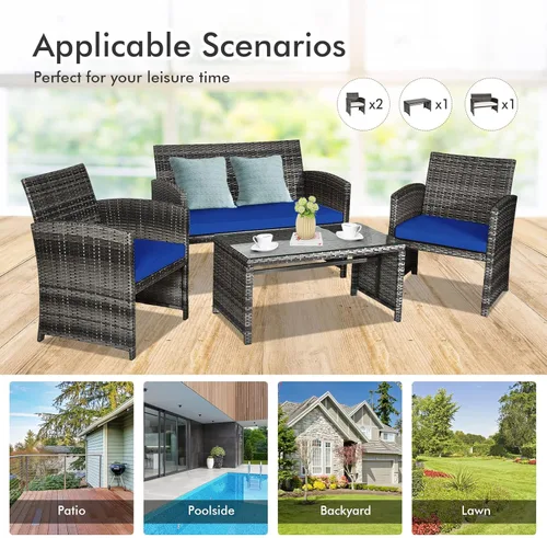 Miniatura 3 de Goplus Juego de muebles de ratán de 4 piezas, sofá de conversación de mimbre para exteriores con cojines resistentes a la intemperie y mesa de Azul