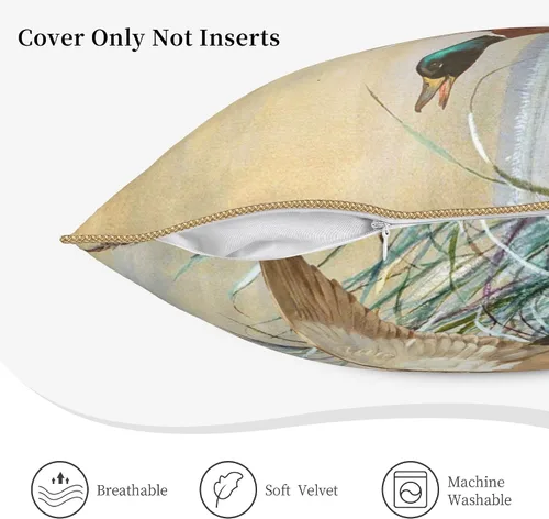 Miniatura 5 de Fundas de almohada de terciopelo de lujo con estampado doble de pato mallard con ribete dorado de 18 x 18 pulgadas, fundas de almohada decorativas