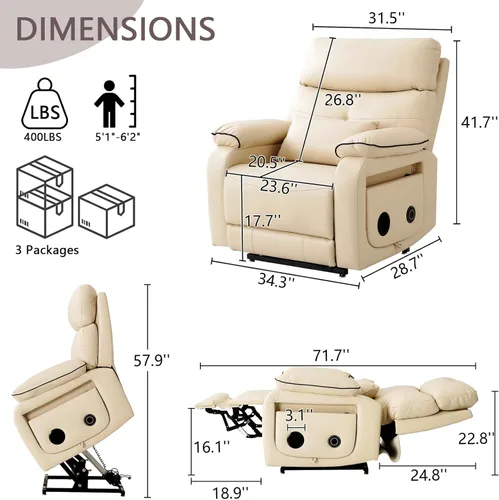 Miniatura 2 de Silla reclinable de doble motor para adultos y ancianos, silla elevadora plana de posición infinita con calor y masaje, soporte para tazas, almohada