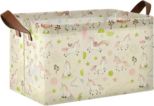 Pink and Green Uncorns Sturdy Storage Basket Large Decorative Organizer with Handles Closet Clothes Organizer for Shelves Closet Books cajas
