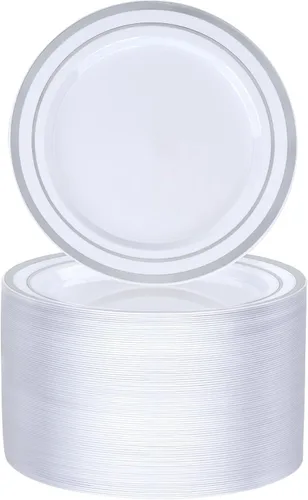 Miniatura 8 de BESTVIP 100 platos de postre de plástico transparente de 7 pulgadas, pequeño plato desechable para ensalada con borde dorado, platos pequeños