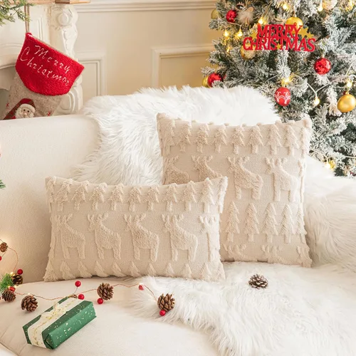 Miniatura 3 de AQOTHES Juego de 2 fundas de almohada de alce navideño de 18 x 18 pulgadas, suave piel sintética color beige crema, almohadas decorativas de Navidad