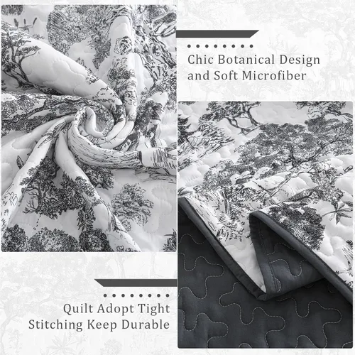 Miniatura 6 de WONGS BEDDING Juego de edredón botánico tamaño Queen, negro, 3 piezas, colcha con estampado floral de plantas Toile, juego de ropa de cama