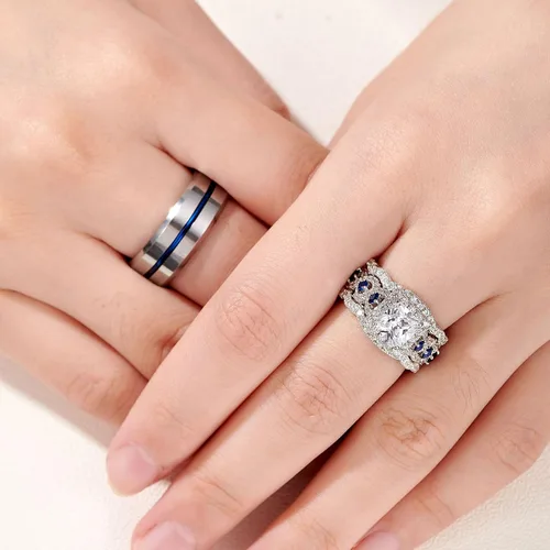 Miniatura 5 de Newshe - Juego de anillos de boda para él y para ella, de tungsteno y plata esterlina, con circonia cúbica, para la pareja, tallas 5 a 12