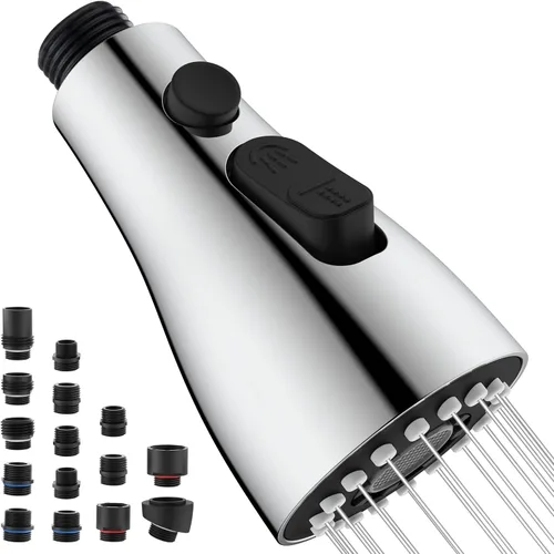 Repuesto de cabezal de grifo de cocina con 15 adaptadores, 3 funciones, cabezal rociador extraíble para grifo de cocina, boquilla de cabezal Cromo