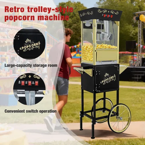 Miniatura 7 de Máquina Comercial de Palomitas de Maíz Vintage Negra con Carrito y Luz Calentadora - Fabricadora de Acero Inoxidable de 12oz Hace 60 Tazas