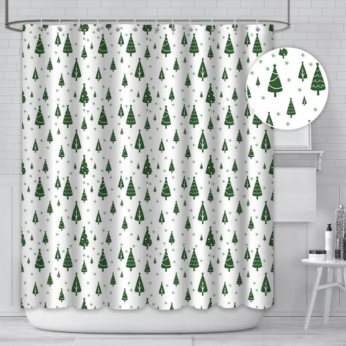 Miniatura 2 de MEHOFOND Cortina de ducha de Navidad Feliz, 183x183 cm, árbol de Navidad verde, cortina de baño de invierno, tela de poliéster impermeable