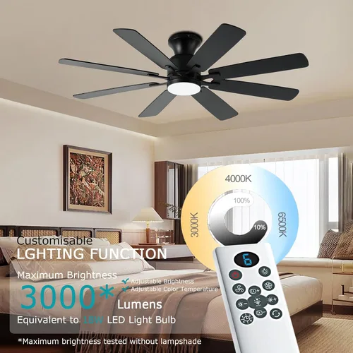 Miniatura 4 de KNUN - Ventilador de techo negro de 52 pulgadas, ventiladores de techo de perfil bajo con luces y control remoto/APP, 8 aspas, silencioso, motor CC