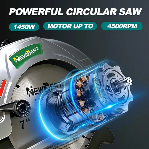Miniatura 2 de Sierra circular eléctrica de 1450 W, hoja de 1 × 7-1/4 pulgadas, 4500 RPM, ángulo biselado ajustable de 45°/90°, base de aluminio ligera de 9.0 lbs