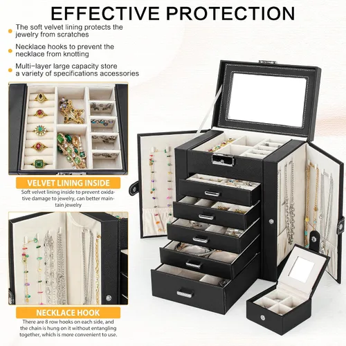 Miniatura 5 de TORIBIO Joyero organizador de joyas con espejo, estuche de almacenamiento de joyas de piel sintética para niñasmujeresmadres, collar y aretes