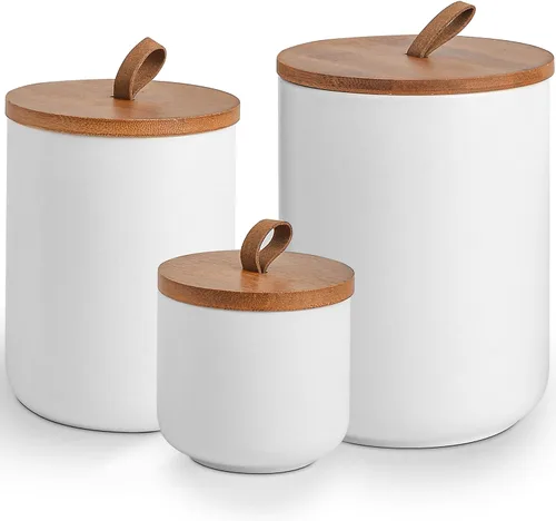 Miniatura 10 de Juego de recipientes de cerámica negra con tapas de bambú, tarros herméticos de almacenamiento de alimentos de 3 piezas para cocina, harina, azúcar