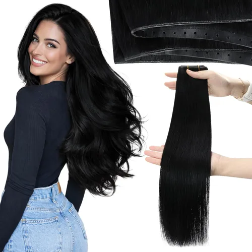 Miniatura 44 de Moresoo - Extensiones de cabello humano real cosidas, Remy, lacio, doble trama, color negro jet, 14 pulgadas, 3.53 onzas