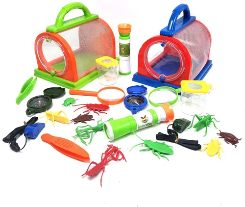Gosu Toys Critter Cage - Atrapa insectos con juego de herramientas, jaula, pinzas, lupa, brújula, silbato, monocular, tarro de lupa (paquete de 2))