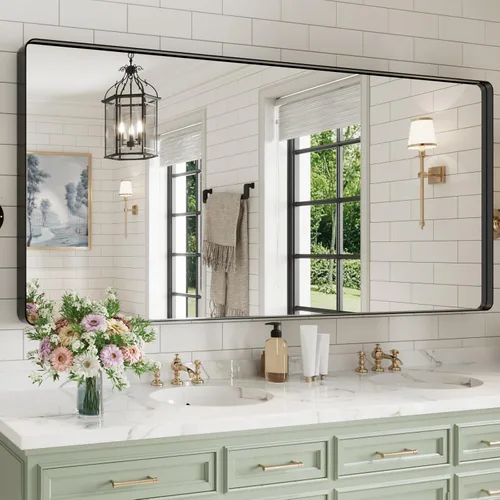 Miniatura 78 de WEER - Espejo de baño dorado, espejo de 40x32 pulgadas con marco de metal dorado cepillado, espejo de tocador de baño de oro para pared