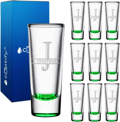 Miniatura 72 de Vaso de chupito personalizado con fondo verde azulado personalizado de 2 oz, vasos de chupito cordial con inicial en script dividido y nombre