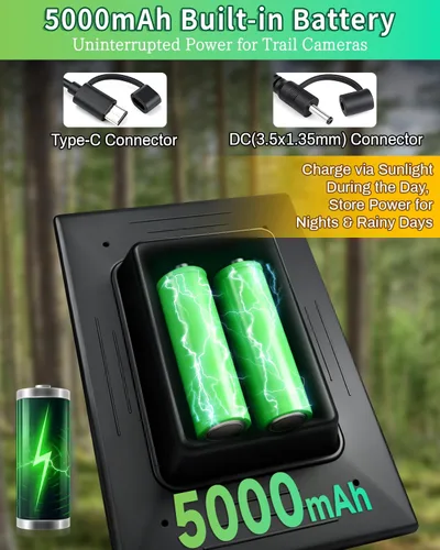 Miniatura 3 de Panel solar de cámara de sendero, cargador de panel solar de 3 W con batería de 5000 mAh y cable USB-C de 6 V y puerto de CC de 9.8 pies, panel